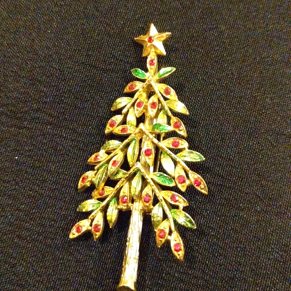 Vintage MYLU Enamel and Rhinestone Christmas Brooch